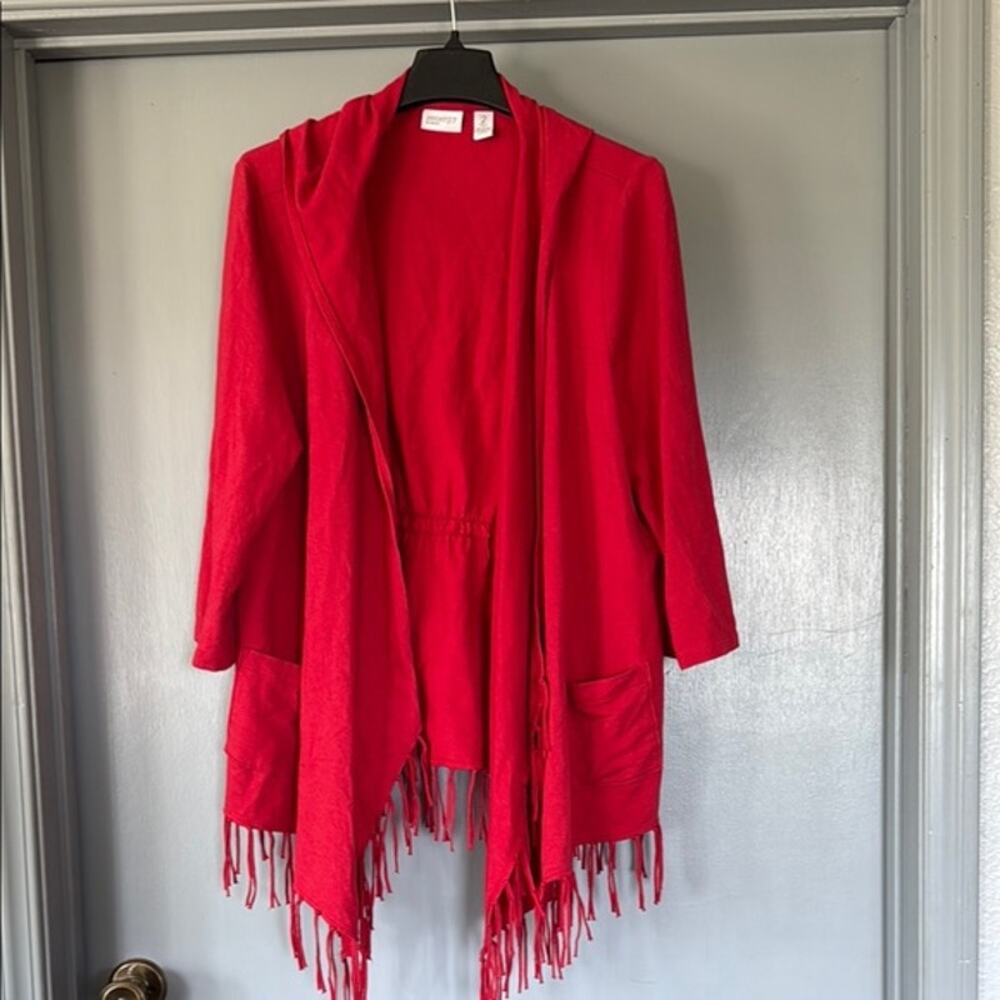 Chico's Zenergy Women's Red Open Front Cardigan Sweater Fringe 3/4 Sleeves sz L